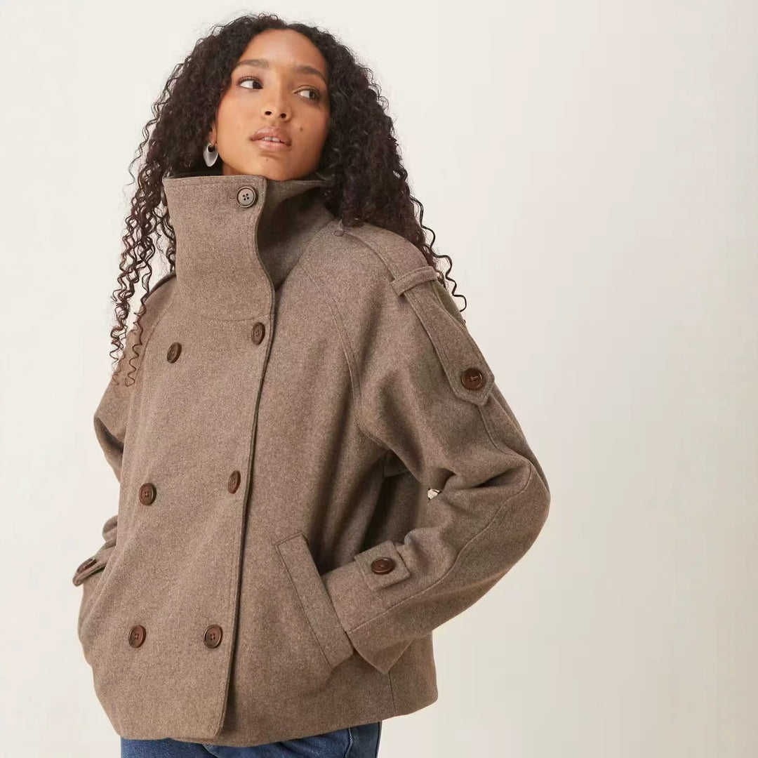 Damen Kurzer Doppelreihiger Woll-Peacoat mit Stehkragen Nord Taschen