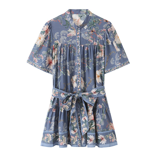 Damen Geblümtes Hemdblusenkleid mit Taillengürtel und stufigem Rock Nord Taschen