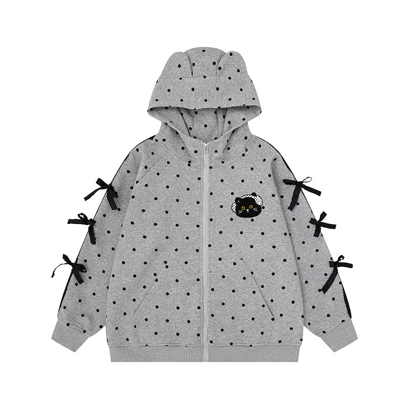 Damen Kapuzen‑Sweatjacke mit Punkte‑Allover, Katzen‑Patch, Schleifenärmeln und Ohrenkapuze Nord Taschen