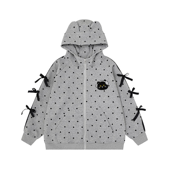 Damen Kapuzen‑Sweatjacke mit Punkte‑Allover, Katzen‑Patch, Schleifenärmeln und Ohrenkapuze Nord Taschen