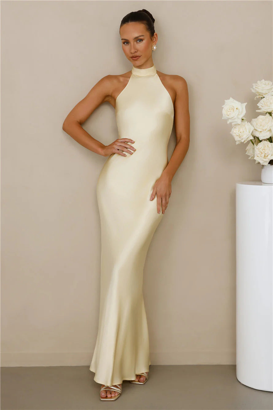 Damen Elegantes Satin-Maxikleid mit hohem Kragen und körpernahem Schnitt Nord Taschen