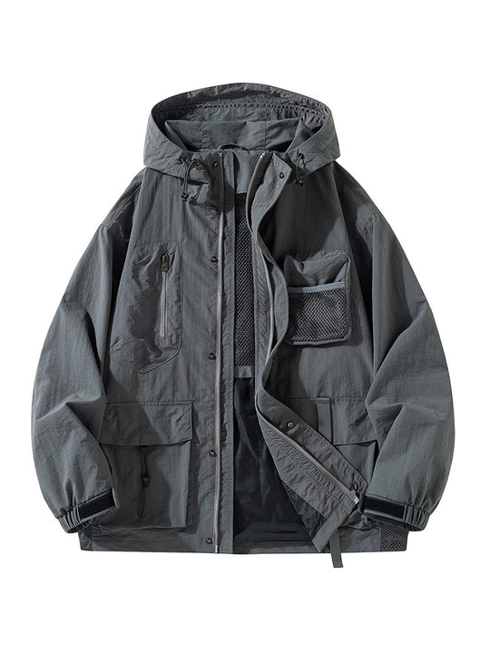 Herren Technische Utility-Outdoorjacke mit Kapuze Multifunktionstaschen und Mesh-Innenfutter Nord Taschen