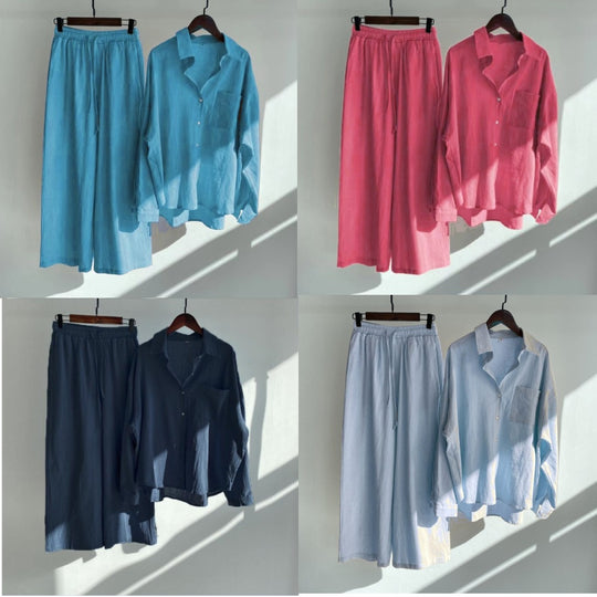 Damen Lockeres Zweiteiliges Viskose-Loungewear-Set mit Hemdbluse und weiter Palazzohose Nord Taschen