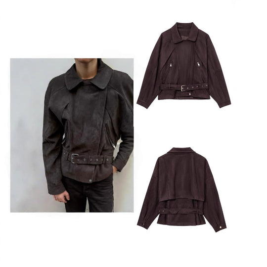 Damen Kurze Wildlederoptik-Trenchjacke mit Taillengürtel und Reißverschluss-Details Nord Taschen