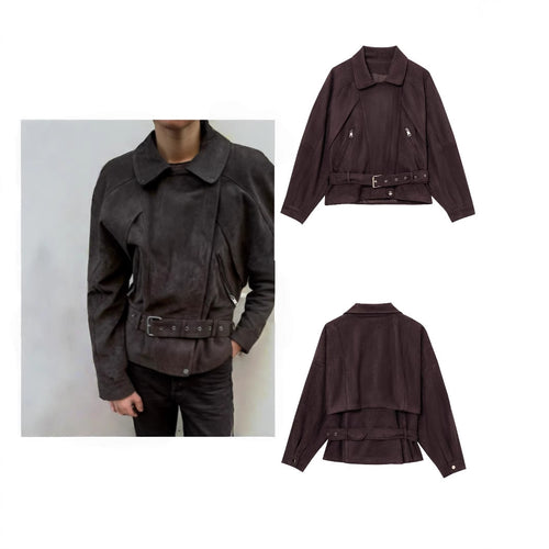 Damen Kurze Wildlederoptik-Trenchjacke mit Taillengürtel und Reißverschluss-Details Nord Taschen
