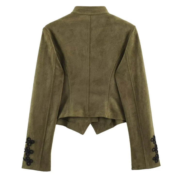 Damen Kurz geschnittene Wildlederjacke im Military‑Look mit Stehkragen und dekorativer Kordelfrosch‑Applikation Nord Taschen