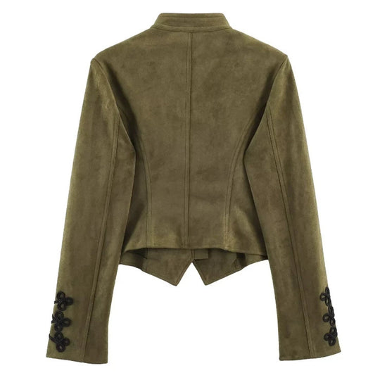 Damen Kurz geschnittene Wildlederjacke im Military‑Look mit Stehkragen und dekorativer Kordelfrosch‑Applikation Nord Taschen