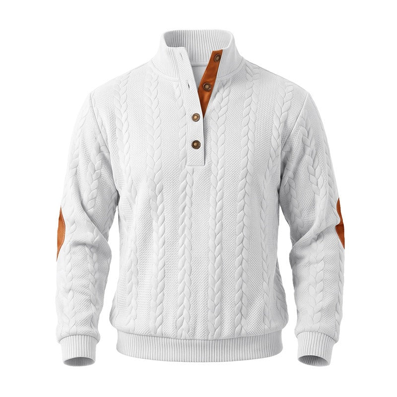 Herren Edler Zopfmuster-Strickpullover mit Kurzknopfleiste und Ellenbogenpatches Nord Taschen
