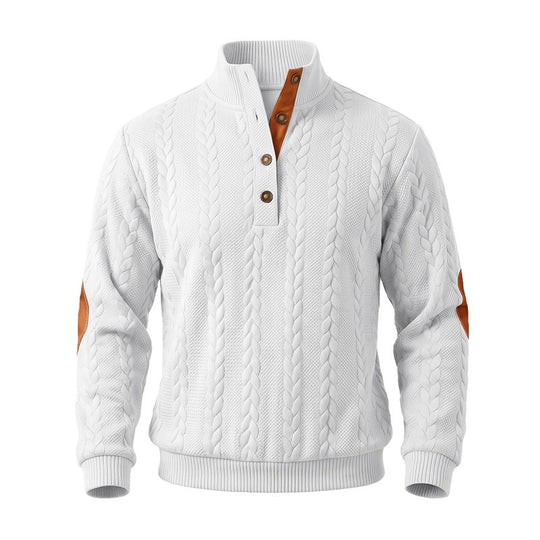 Herren Edler Zopfmuster-Strickpullover mit Kurzknopfleiste und Ellenbogenpatches Nord Taschen
