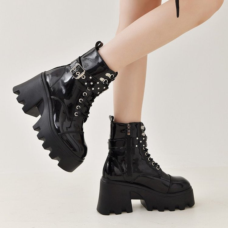 Damen Chunky Stiefel mit modischen Schnallen und robustem Plateau-Heel