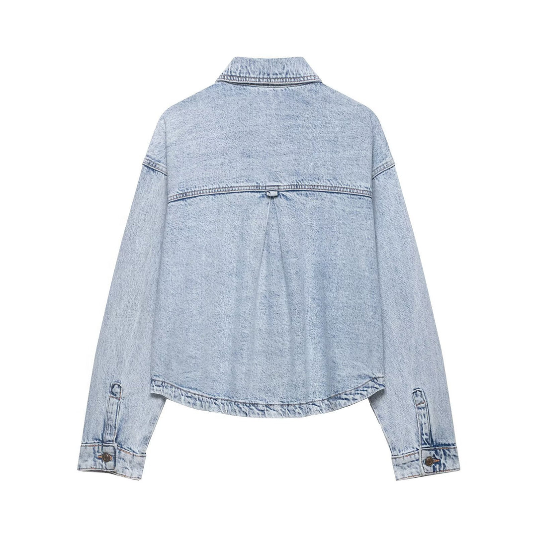 Damen Boxy Cropped Denim-Workerjacke mit großen aufgesetzten Fronttaschen Nord Taschen