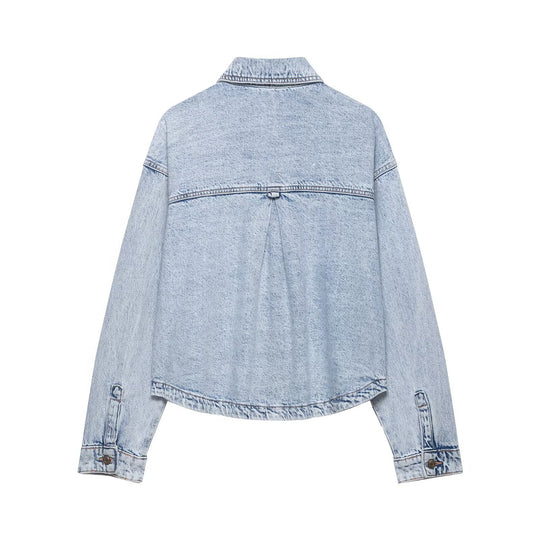 Damen Boxy Cropped Denim-Workerjacke mit großen aufgesetzten Fronttaschen Nord Taschen