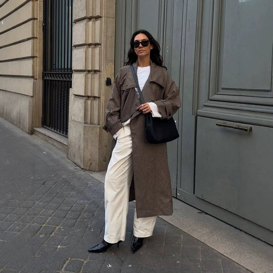 Damen Oversize Mantel im Glencheck mit weitem Revers und fallender Schulterpartie Nord Taschen