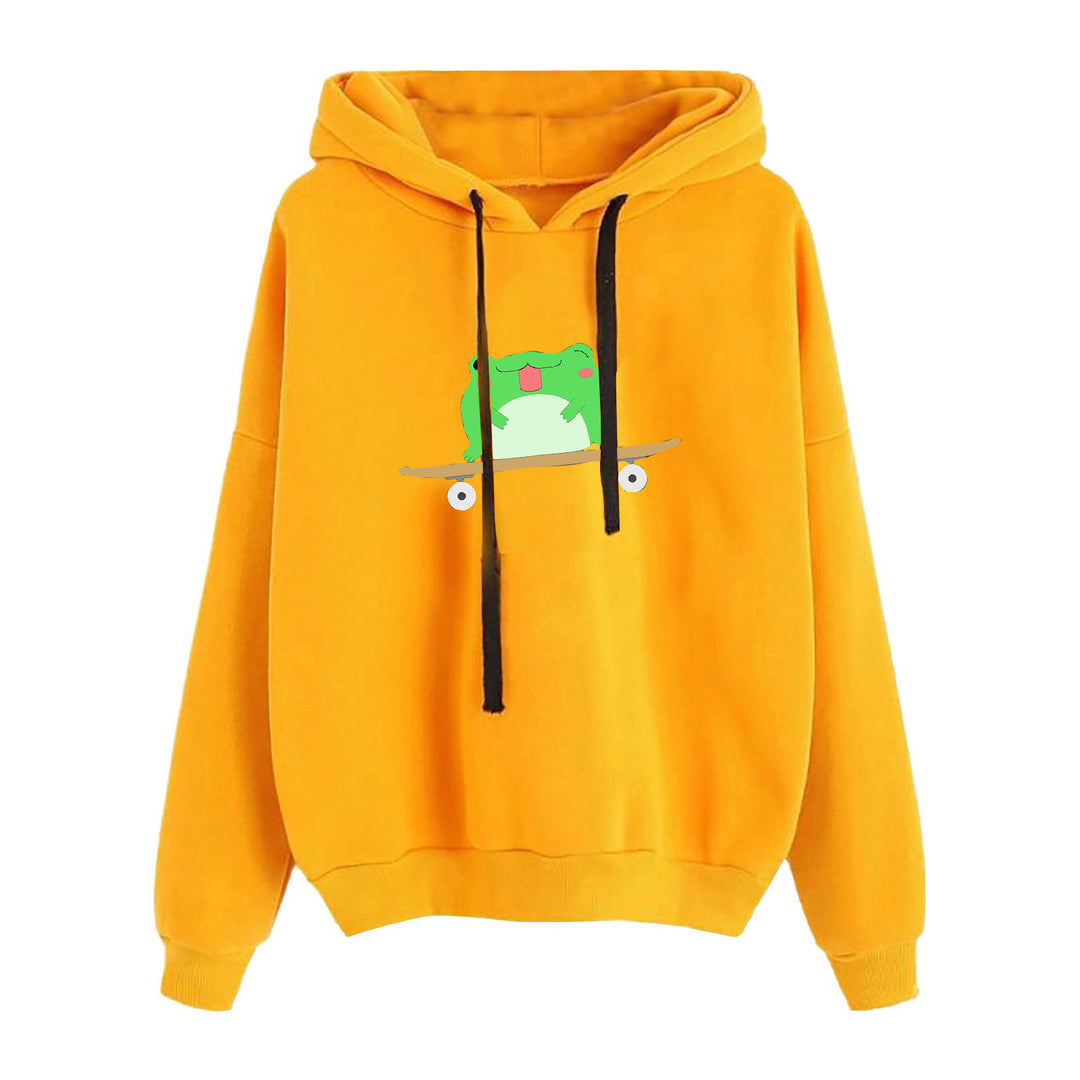 Damen nan kurz geschnittener Cropped-Kapuzenpullover mit niedlicher Frosch-Illustration und verstellbarer Kapuze Nord Taschen