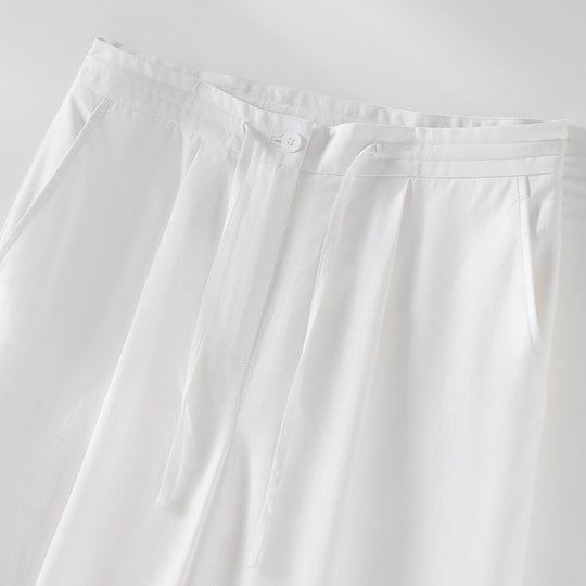 Damen Culotte-ähnliche Leinenhose mit Tunnelzug, Bundfalten und geradem Bein Nord Taschen