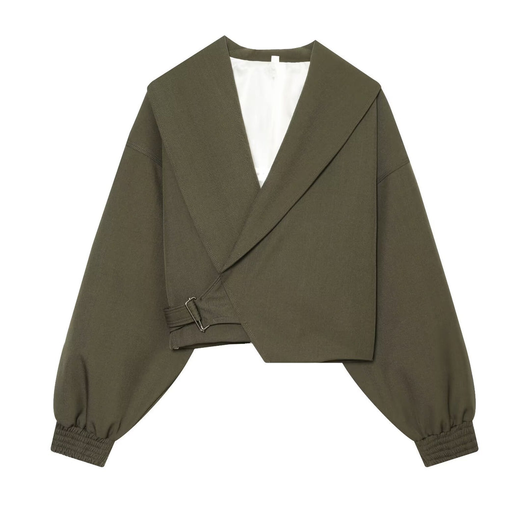 Damen Kurze Wickeljacke mit weitem Schalkragen, taillierendem Schnallenband und Ballonärmeln Nord Taschen