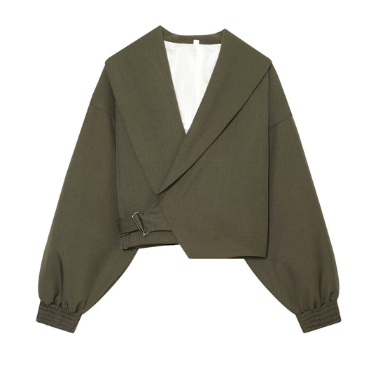Damen Kurze Wickeljacke mit weitem Schalkragen, taillierendem Schnallenband und Ballonärmeln Nord Taschen