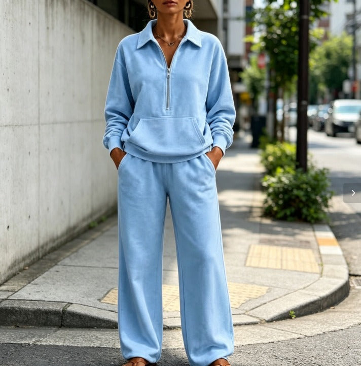 Damen Lässiges Sweat-Set mit Halbzip-Pullover und weiter Jogginghose Nord Taschen
