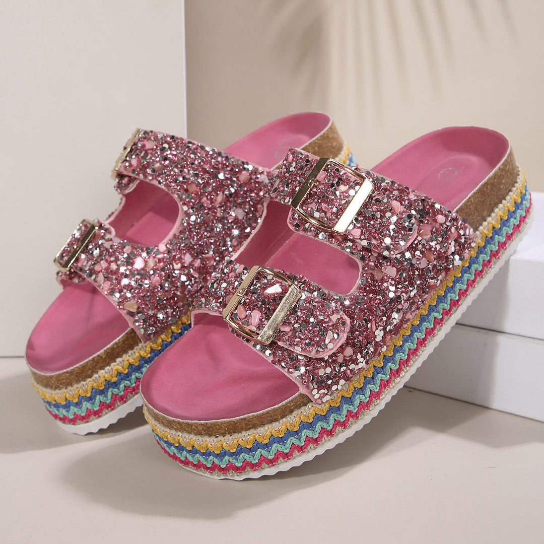 Damen Glitzernde Plateau-Sandalen mit Doppelschnalle und mehrfarbigem Boden