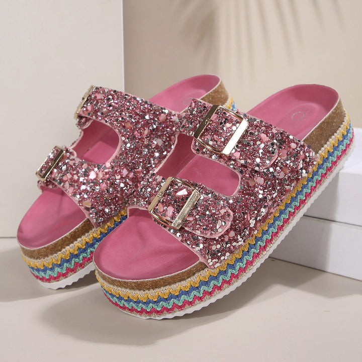 Damen Glitzernde Plateau-Sandalen mit Doppelschnalle und mehrfarbigem Boden
