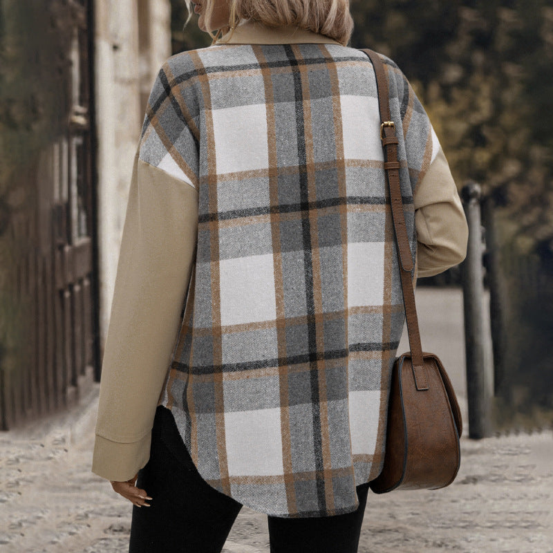 Damen Oversized Hemdjacke mit kariertem Frontpanel, Druckknopfverschluss und aufgesetzten Brusttaschen Nord Taschen