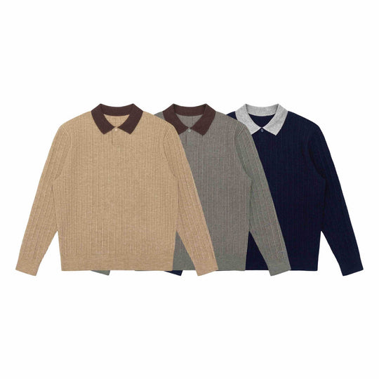 Herren Feinstrukturierter Rippstrick-Polo-Pullover mit Kontrastkragen Nord Taschen