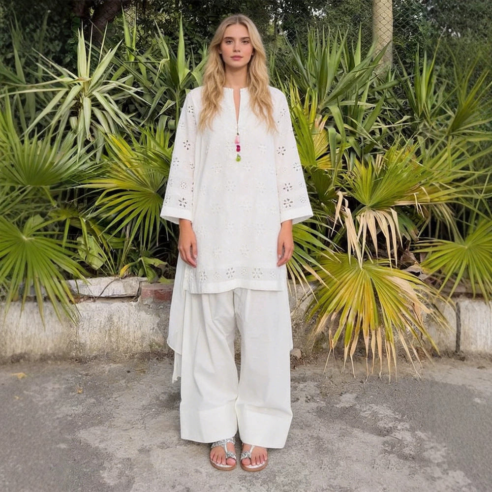 Damen Lockertes Tunika-Set mit Broderie Anglaise und weiten Pluderhosen Nord Taschen