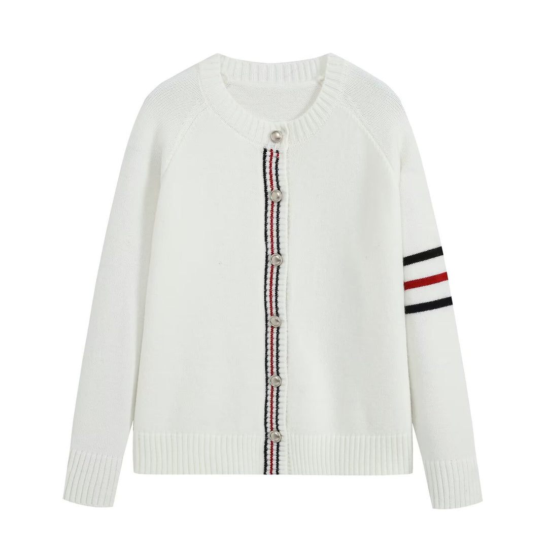 Damen Feinstrick-Cardigan mit Kontraststreifen und goldenen Zierknöpfen Nord Taschen