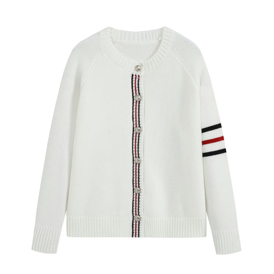 Damen Feinstrick-Cardigan mit Kontraststreifen und goldenen Zierknöpfen Nord Taschen
