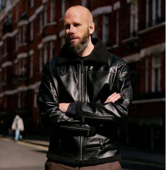 Herren Kunstleder-Fliegerjacke mit Teddyfutter, Reißverschlüssen und Stehkragen Nord Taschen