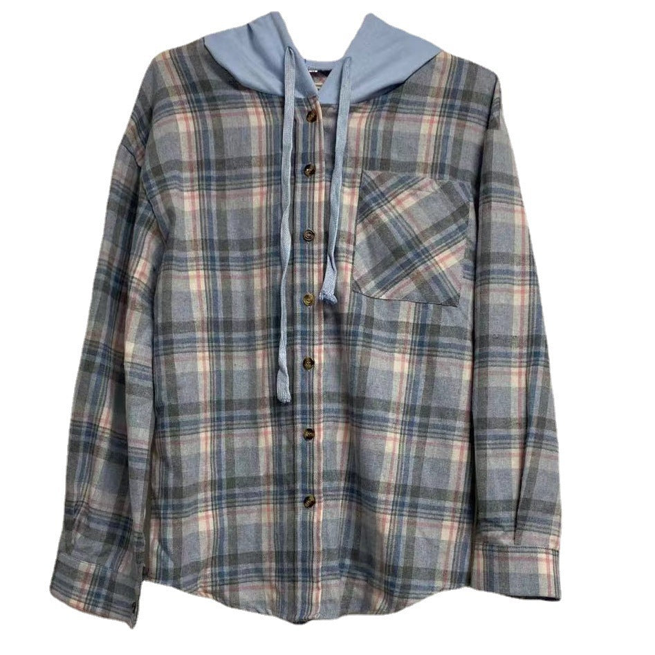 Damen nostalgische Karobluse mit Kapuze und Knopfverschluss