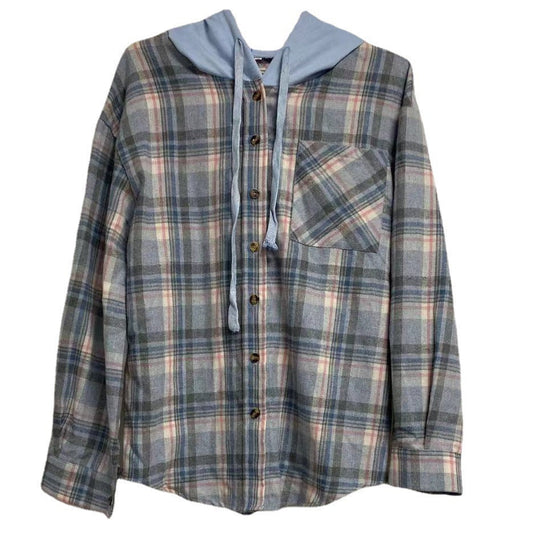 Damen nostalgische Karobluse mit Kapuze und Knopfverschluss