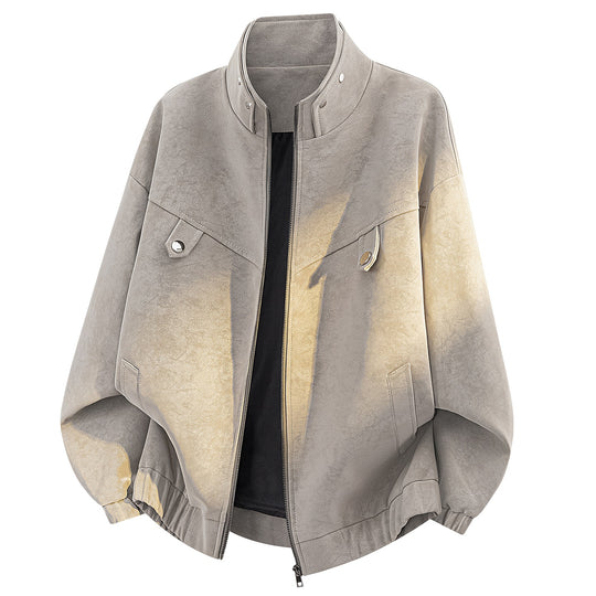 Herren Oversize Velours-Optik Bomberjacke mit hohem Stehkragen, asymmetrischer Brustpasse & elastischem Saum Nord Taschen