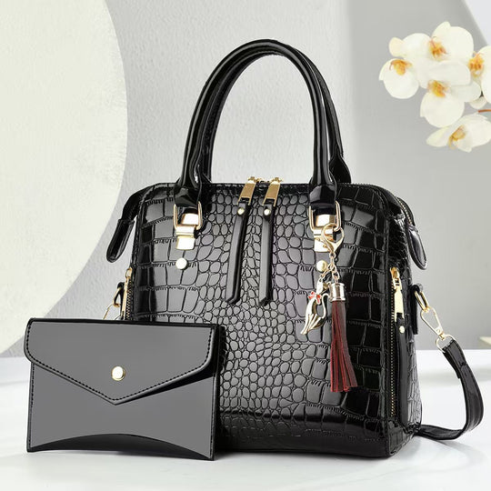 Damen hochwertige Handtasche mit edler Krokodilprägung und praktischer Clutch Nord Taschen