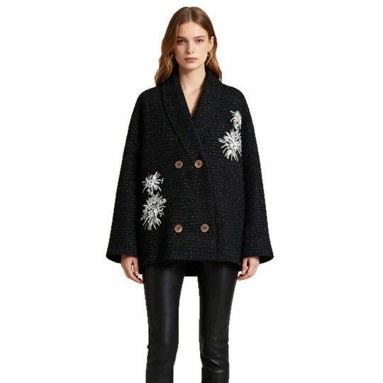 Damen Oversize-Bouclé-Manteljacke mit Schalkragen und floraler Stickerei Nord Taschen