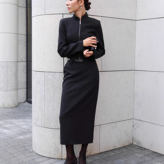Damen Elegantes Etuikleid mit schmalem Stehkragen und Reißverschluss Nord Taschen