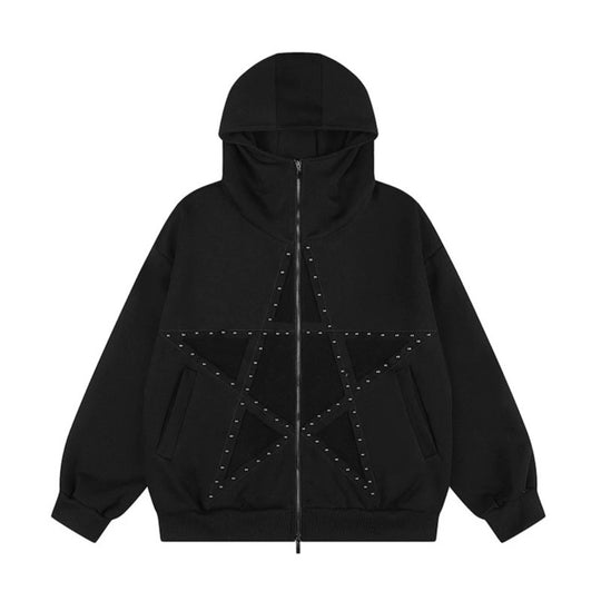 Damen Oversize Kapuzen-Zipjacke mit Nieten-Sternmotiv und hohem Kragen Nord Taschen