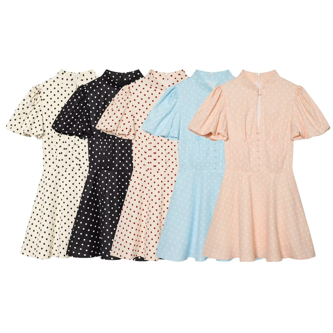 Damen Gepunktetes A‑Linien‑Kleid mit Stehkragen, Taillierung und Ballonärmeln Nord Taschen
