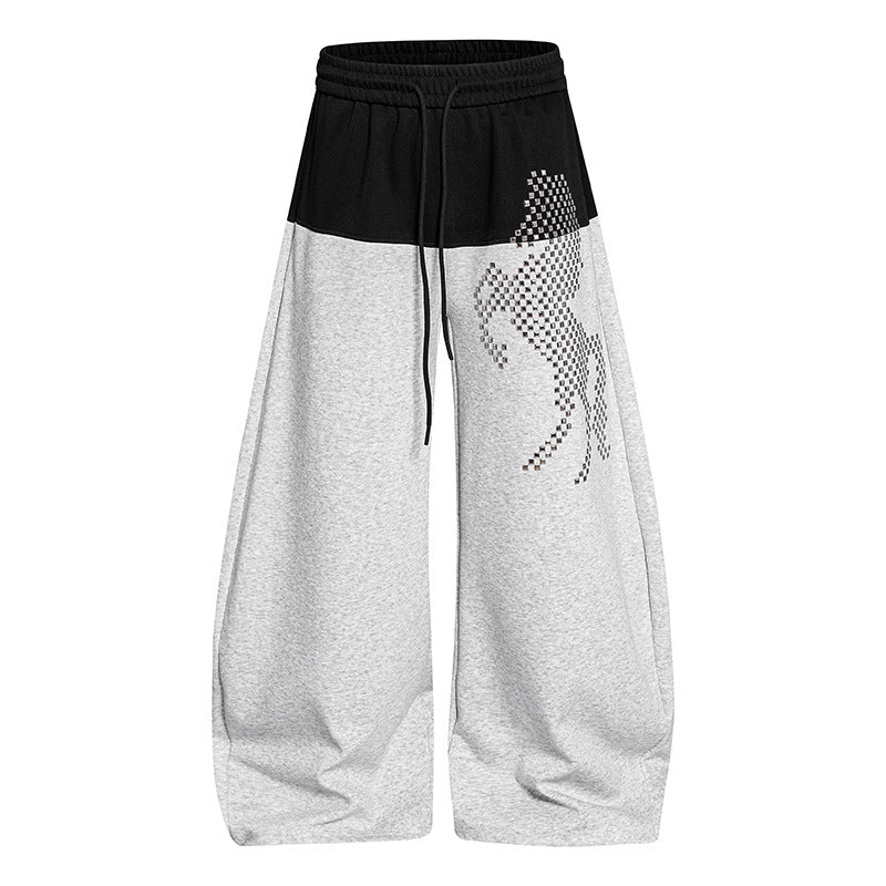 Damen Weite Palazzo-Joggpants mit hohem Elastikbund, kontrastierter Bundpartie und pixeliertem Pferde‑Motiv Nord Taschen
