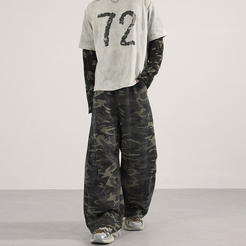 Herren Weite Camouflage-Baggy-Hose mit niedriger Bundlinie und Knie-Patchtaschen Nord Taschen