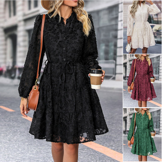 Damen Texturiertes Blusen‑Skaterkleid mit Volantstufen, durchgehender Knopfleiste und Taillenzug Nord Taschen