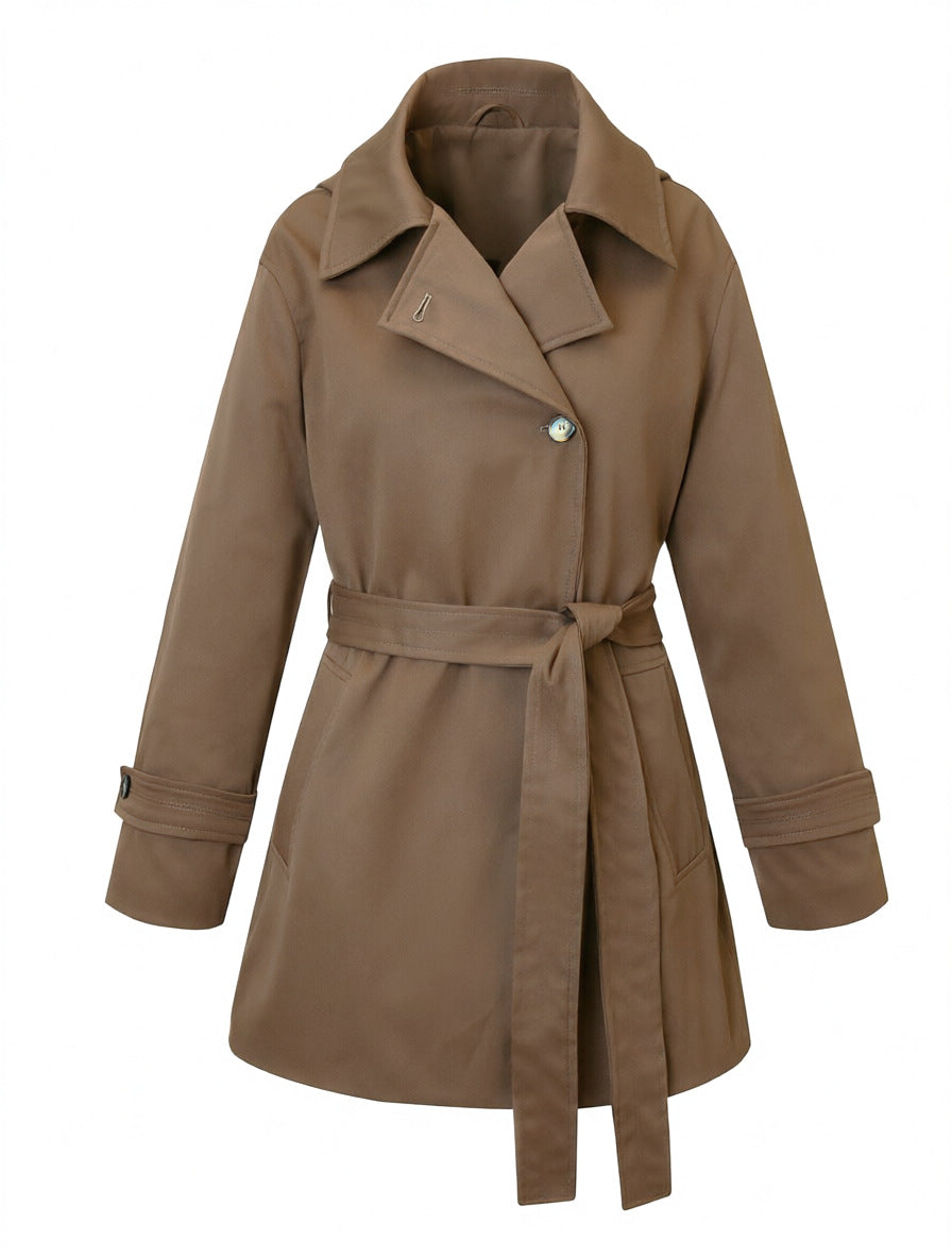 Damen Kurztrenchcoat mit tailliertem Bindegürtel und weitem Revers Nord Taschen