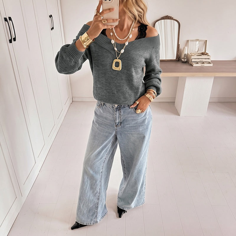 Damen Off-Shoulder V‑Ausschnitt Feinstrickpullover mit Spitzen‑Träger‑Optik und Ballonärmeln Nord Taschen