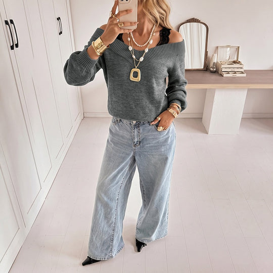 Damen Off-Shoulder V‑Ausschnitt Feinstrickpullover mit Spitzen‑Träger‑Optik und Ballonärmeln Nord Taschen