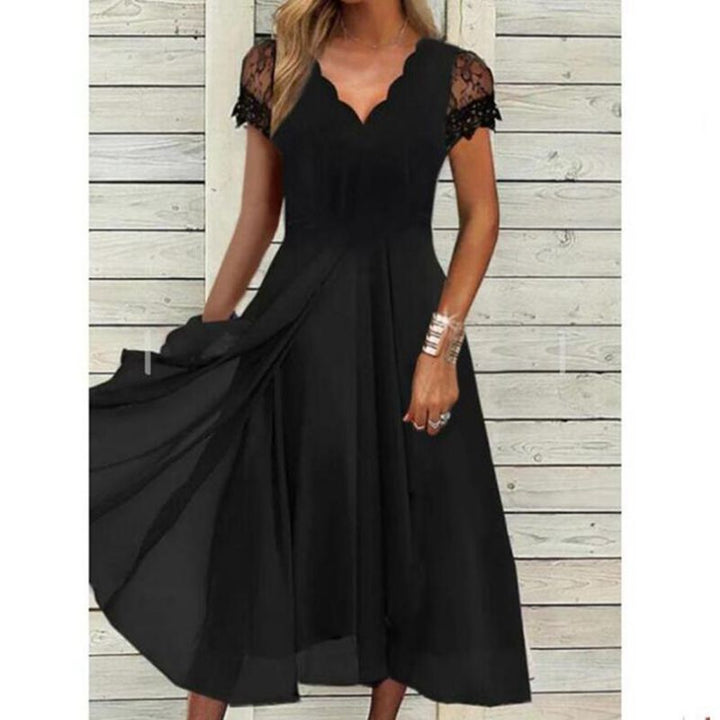 Damen nan fließendes Midikleid mit geschwungenem V-Ausschnitt, taillierter A-Linien-Silhouette und filigranen Spitzenärmeln