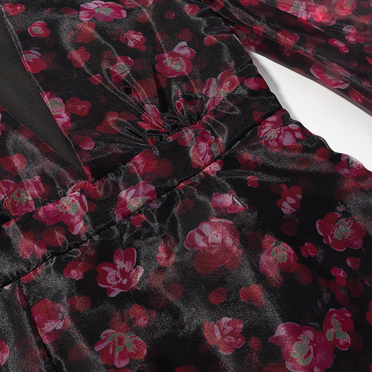 Damen Florales Chiffon-Minikleid mit tiefem V‑Ausschnitt, Rüschenstufen und Trompetenärmeln Nord Taschen