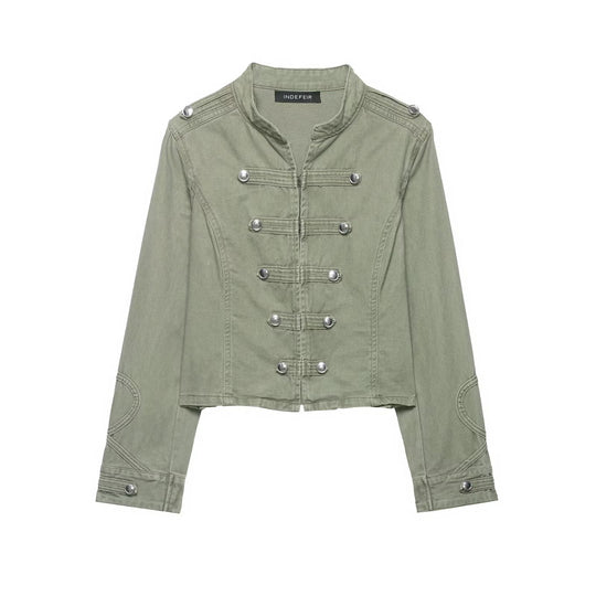 Damen Kurzgeschnittene Military-Jacke mit Stehkragen, Zierknopfleiste und taillierter Silhouette Nord Taschen