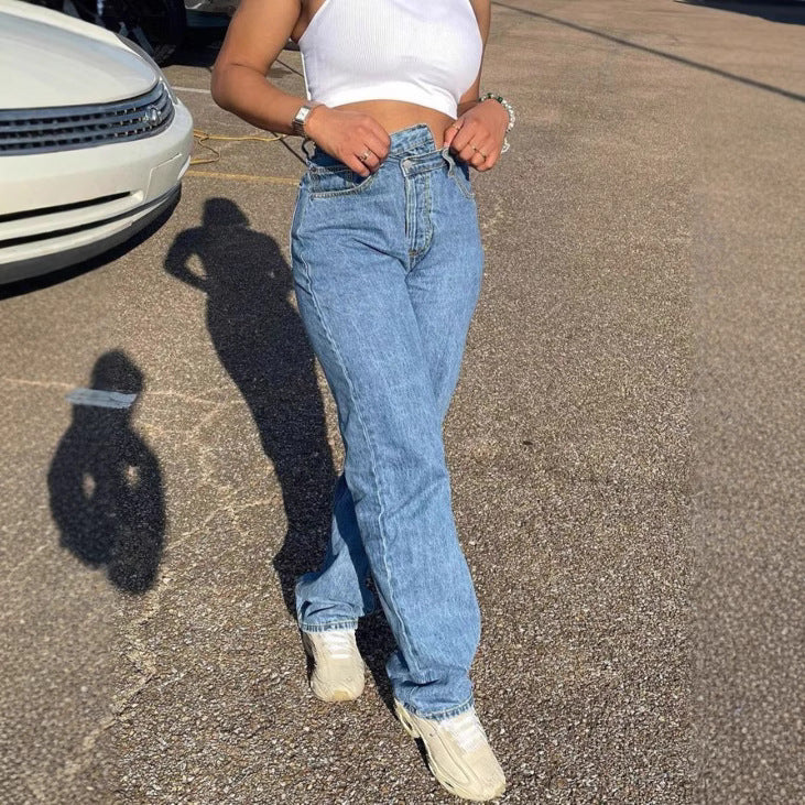 Damen Hochgeschnittene Cropped-Mom-Jeans mit asymmetrischem Bund und geradem Bein Nord Taschen
