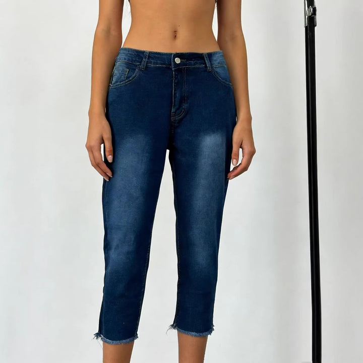 Damen schmale knöchellange Jeans mit rohem Fransenabschluss und mittelhoher Taille Nord Taschen