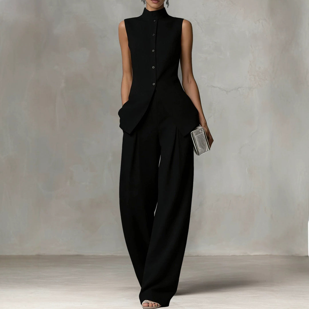 Damen Ärmelloser Leinen-Jumpsuit mit Stehkragen und weitem Bein Nord Taschen